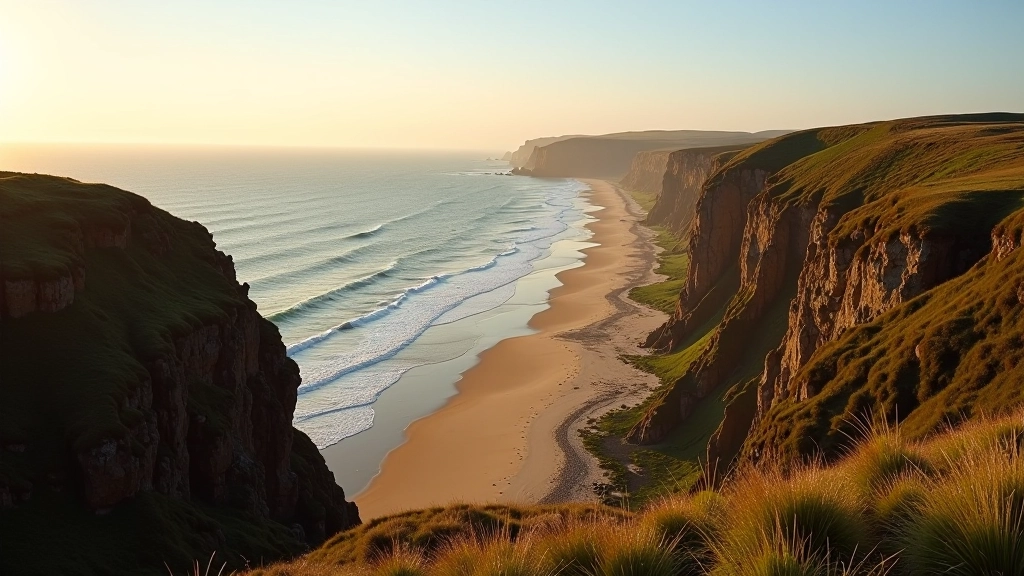 Rocky coastal viewpoint overlooking golden beach far below, waves visible, moorland slopes leading down to shoreline, golden evening light