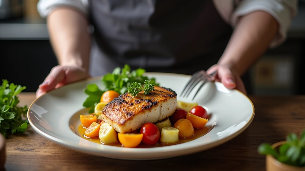 Chef plating fresh grilled fish with seasonal vegetables in professional kitchen