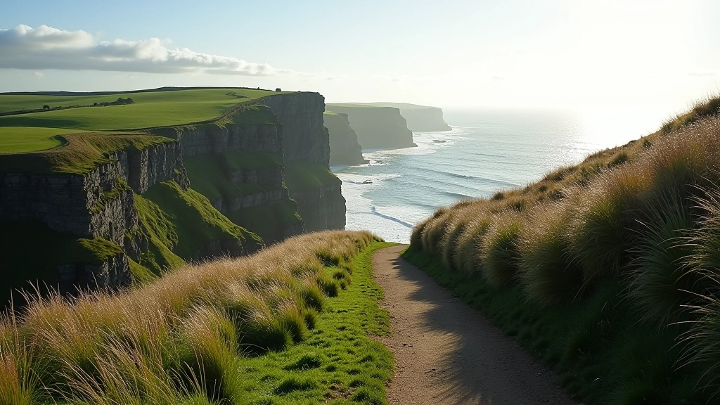 Scenic coastal cliff path with ocean views and rolling green hills in West Cork