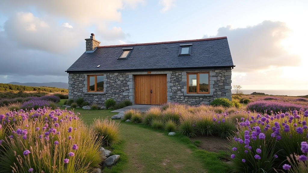 Converted stone barn accommodation with modern wooden door and large windows, surrounded by wild coastal moorland and purple wildflowers