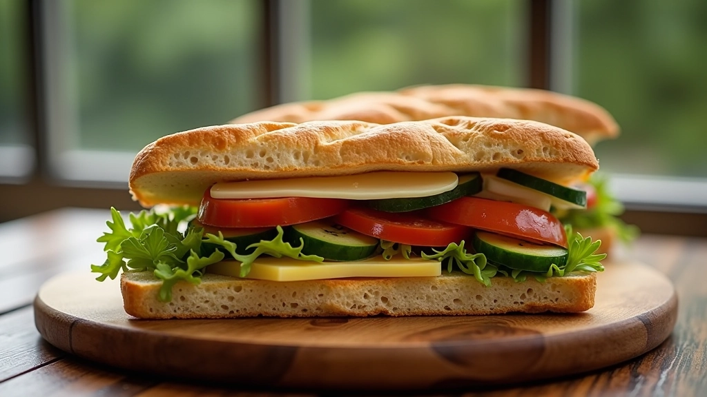Colorful artisanal sandwich with local cheeses and fresh vegetables on rustic bread