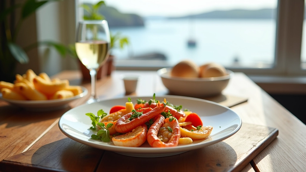 Fresh Irish seafood platter on wooden table, including locally caught fish and shellfish, coastal restaurant setting