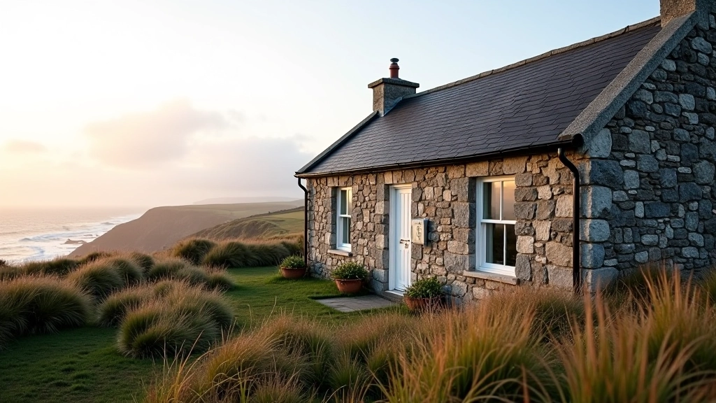 Stone cottage nestled among coastal vegetation with ocean view in misty morning light