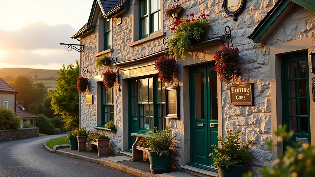 Rustic Irish pub exterior with weathered stone facade and hanging flower baskets at dusk