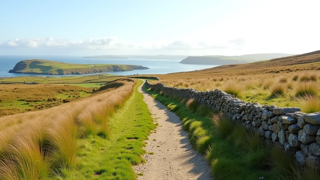 Walking trail path winding through moorland and coastal grassland with stone walls on either side