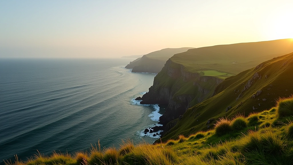 Panoramic view of Sheep Head Peninsula coastline with rolling green cliffs meeting calm Atlantic waters