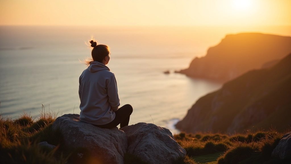 Person sitting on rocky outcrop overlooking calm sea and distant headland at sunset