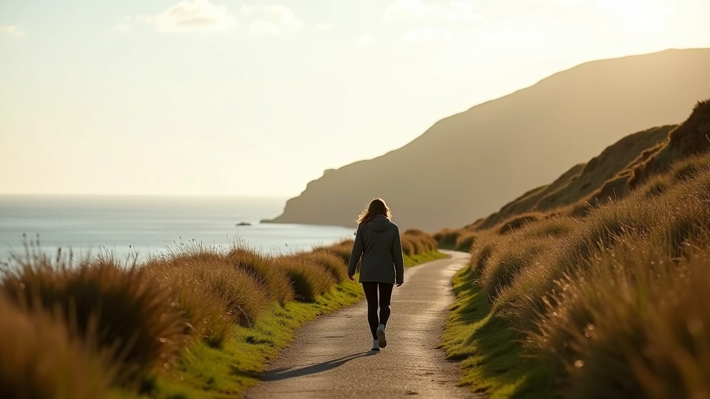 Solitary walker on the Sheep Head Way coastal path surrounded by green fields and ocean views