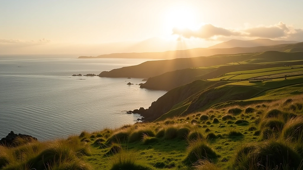Sheep Head Peninsula coastal landscape with golden light reflecting on calm waters
