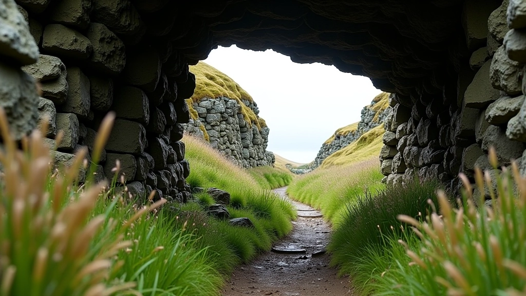 Sheltered valley with moss-covered stone walls, rocky outcrop creating natural seat, wild grasses and heather surrounding peaceful hollow