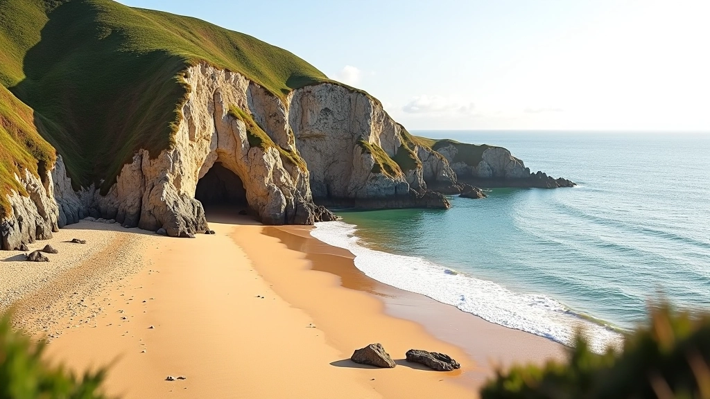 Small secluded cove with golden sand, gentle waves, low cliff face providing shelter, quiet peaceful beach surrounded by rocky headland