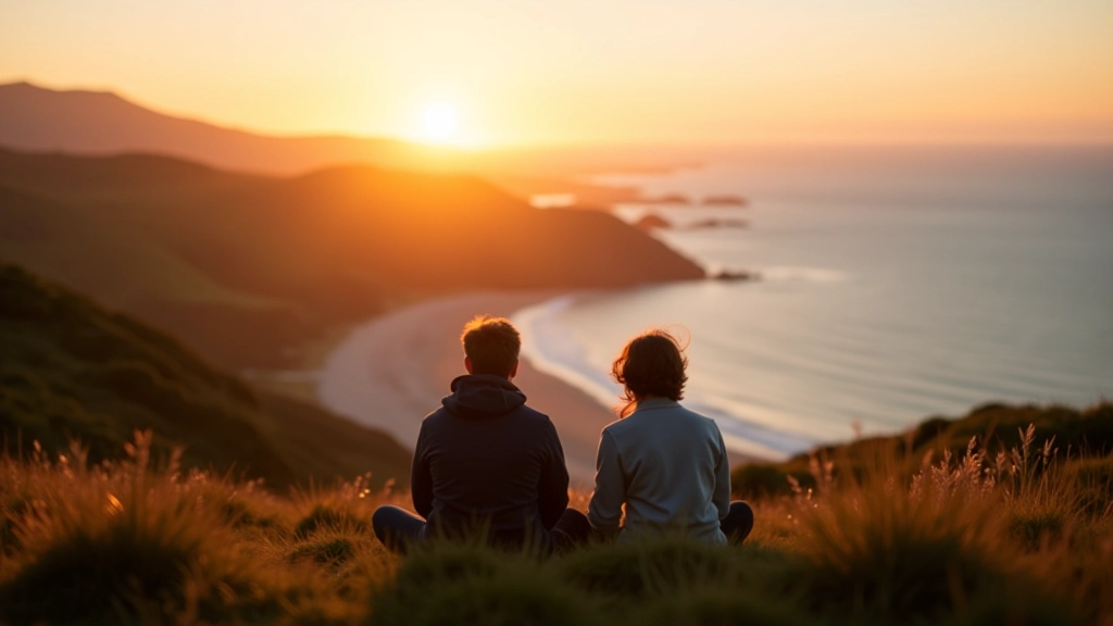 Group of visitors sitting on coastal grass with views across bay, morning light