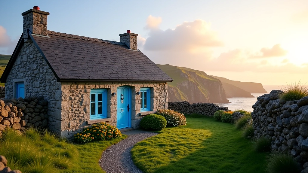 Cozy stone cottage with weathered blue door overlooking Dunmanus Bay at golden hour